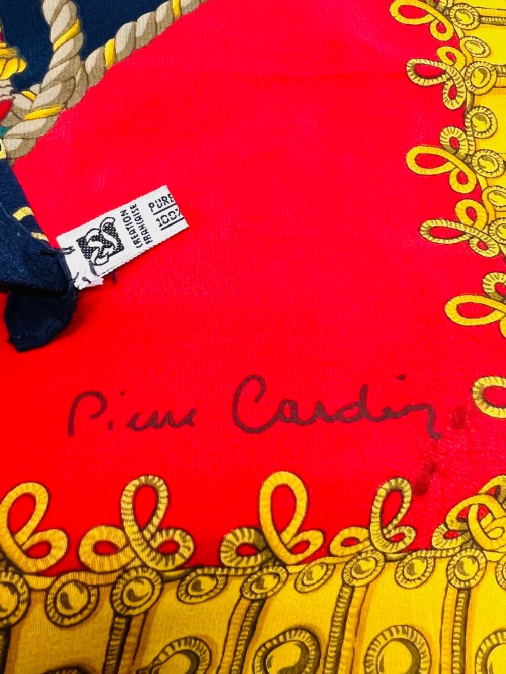 Vintage Pierre Cardin Paris 100% silk satin scarf 34" red black gold green (73 - Picture 9 of 11